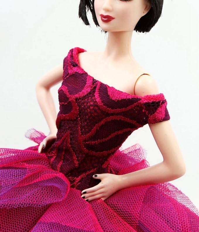 Cora Gu Handmade Classic Off Shoulder Fuchsia Rose Lace Dress Wedding Gowns Fit for 12" Fashion Doll & Doll's not Included - Image 1